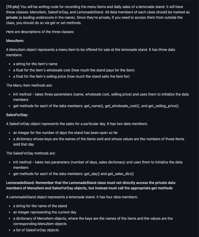  [70 pts] You will be writing code for recording the menu