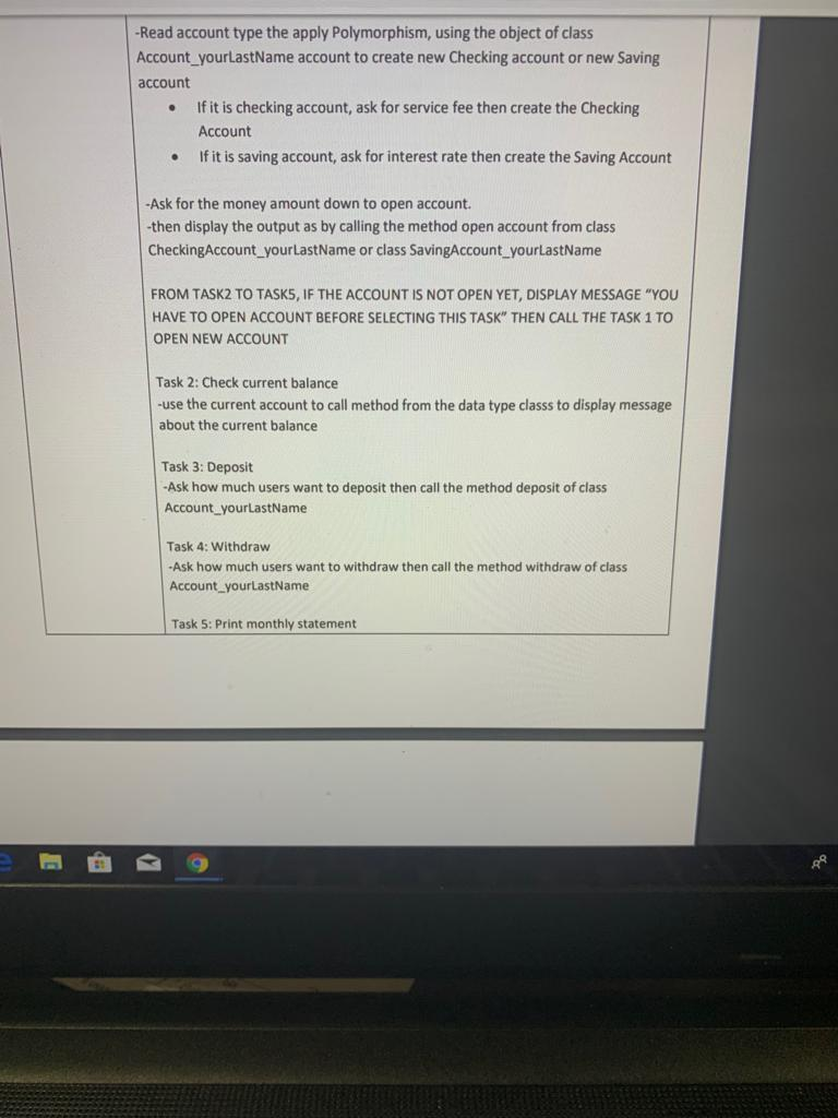 methods to handle open account, check balance, deposit, withdraw, print statement class