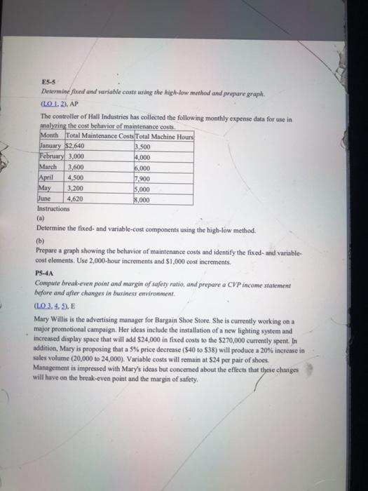  E5.5 Determine fixed and variable costs using the high-low method and