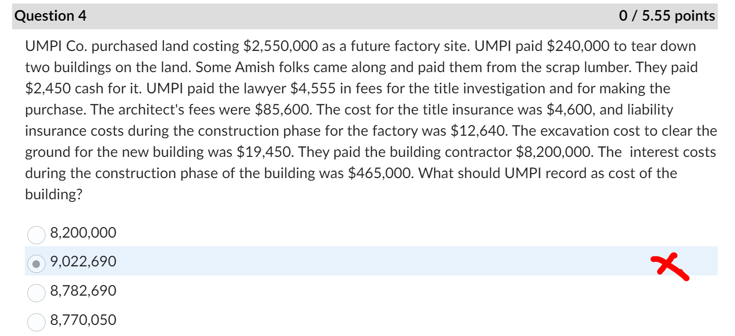  UMPI Co. purchased land costing $2,550,000 as a future factory site.