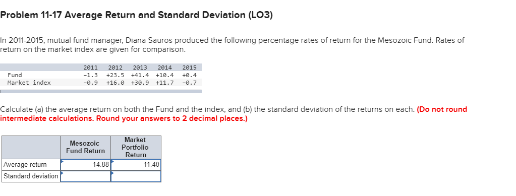 Problem 11-17 Average Return and Standard Deviation (LO3) In 2011-2015, mutual