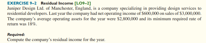  EXERCISE 9-2 Residual Income [LO9-2] Juniper Design Ltd. of Manchester, England,