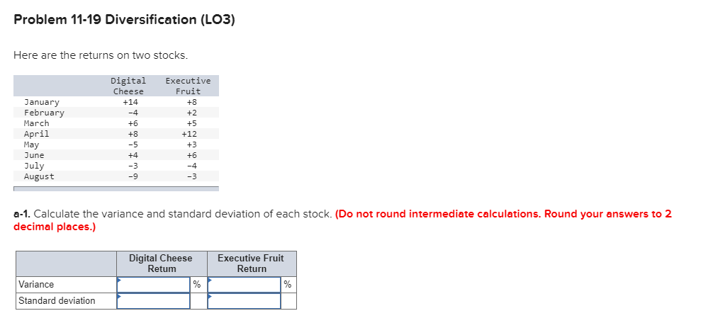 Problem 11-19 Diversification (LO3) Here are the returns on two stocks