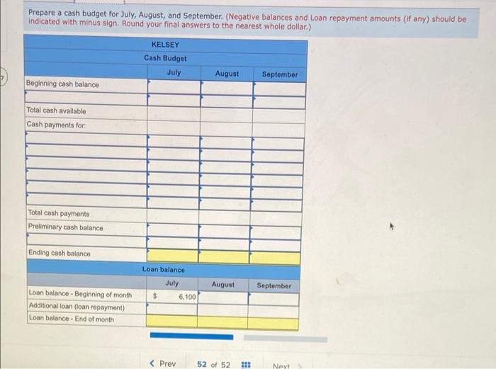 months follow Budgeted July August September Sales $62,900 $ 81,100 $ 49,100