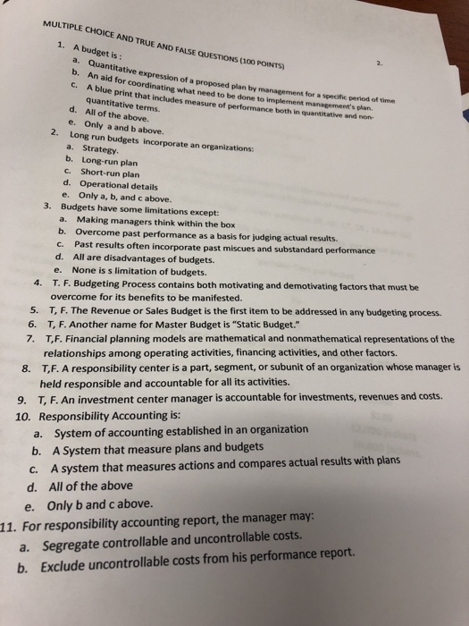  MULTIPLE CHOICE AND TRUE AND FALSE QUESTIONS (100 POINTS) 1. A