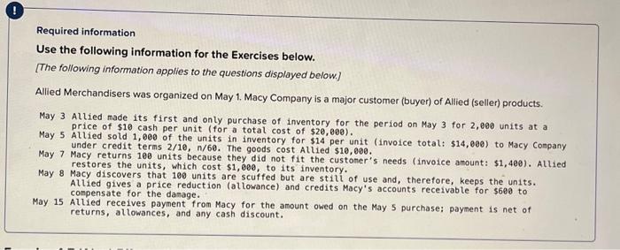 Problem 3 Required information Use the following information for the Exercises below.