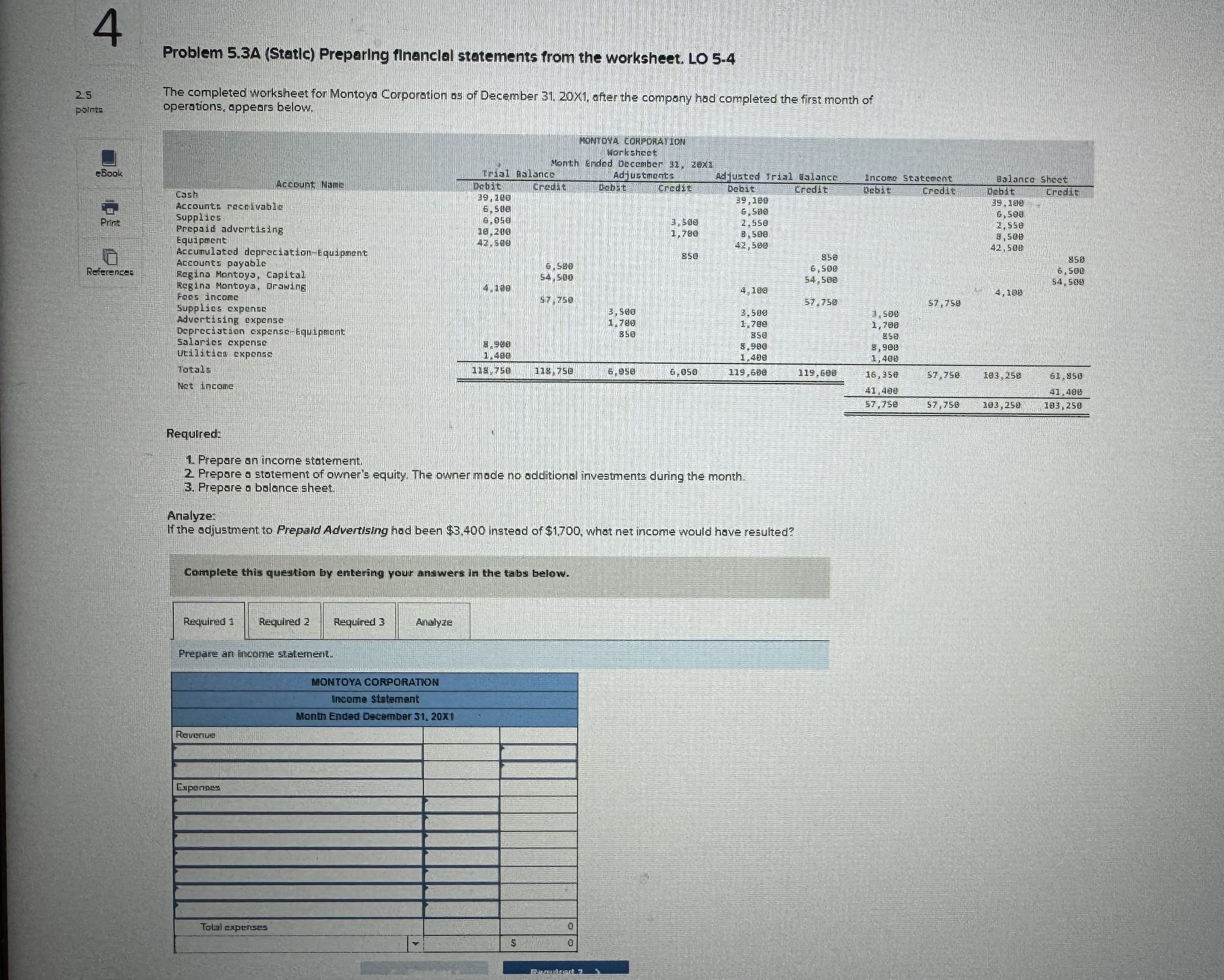  Problem 5.3A (Statlc) Preparing financlal statements from the worksheet. LO 5-4