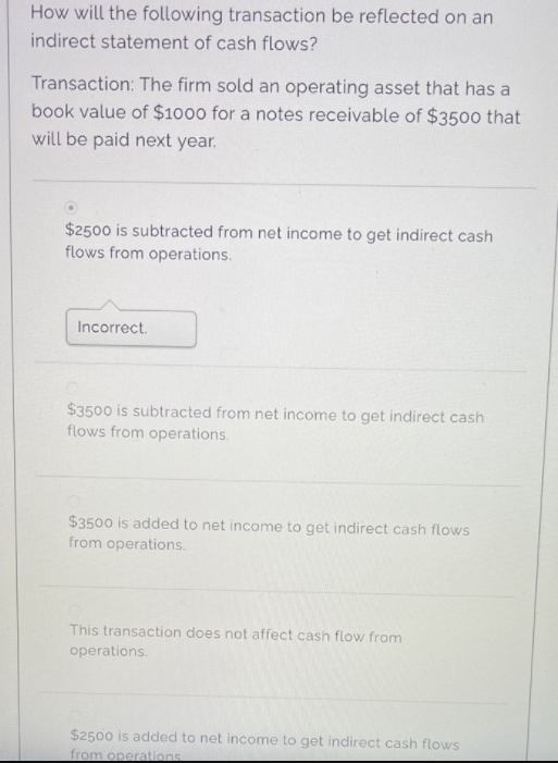 How will the following transaction be reflected on an indirect statement