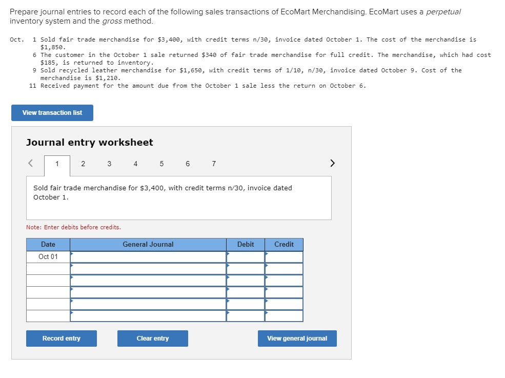  inventory system and the gross method. Oct. i Sold fair trade