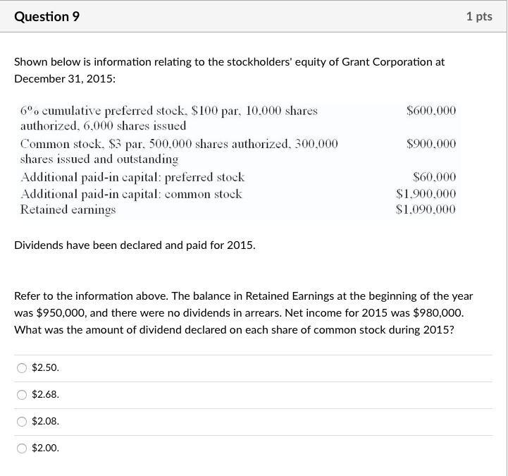  Question 9 1 pts Shown below is information relating to the