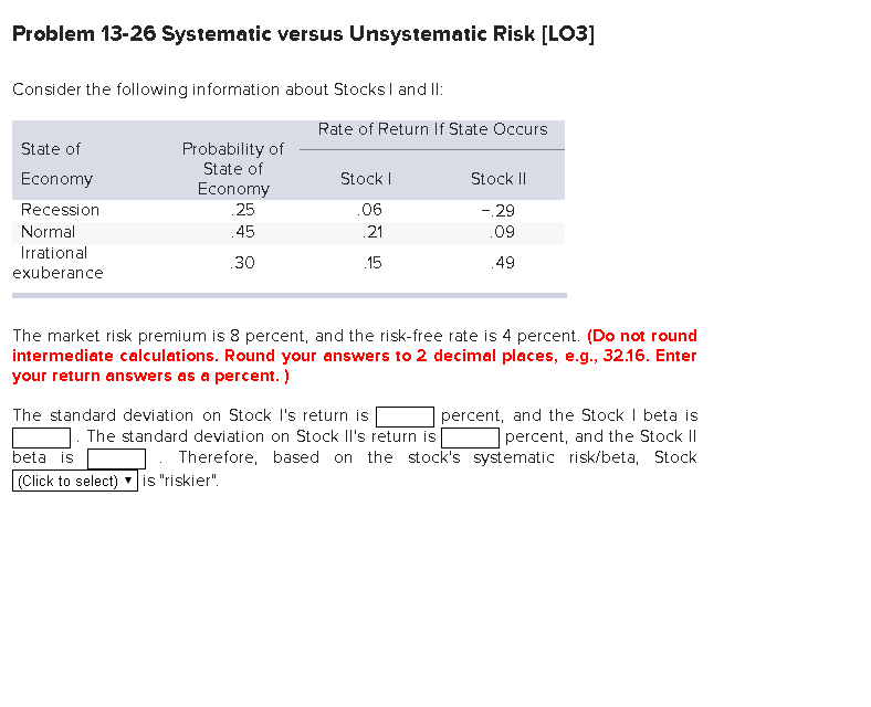  Problem 13-26 Systematic versus Unsystematic Risk [LO3] Consider the following information
