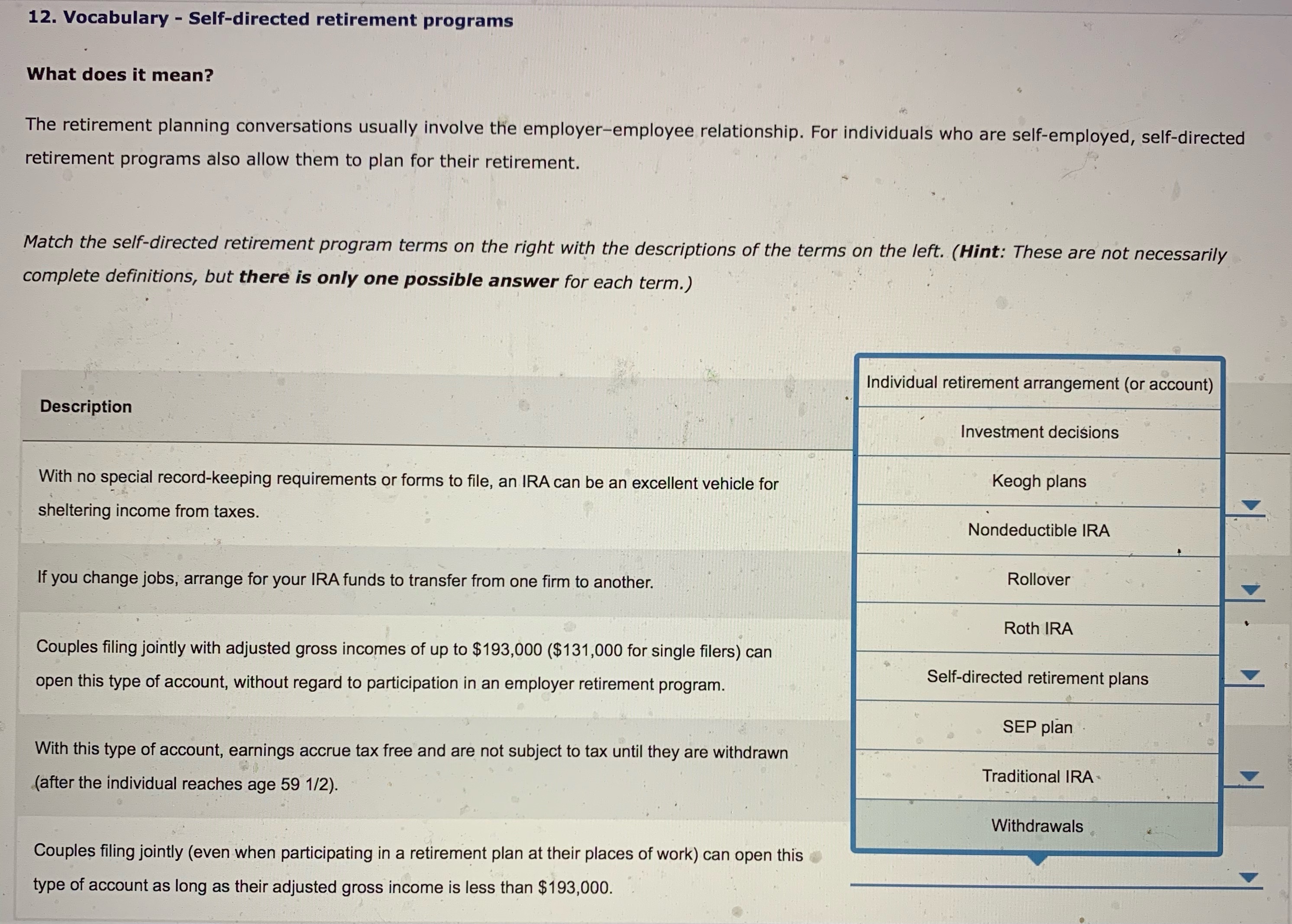 12. Vocabulary - Self-directed retirement programs With no special record-keeping requirements or