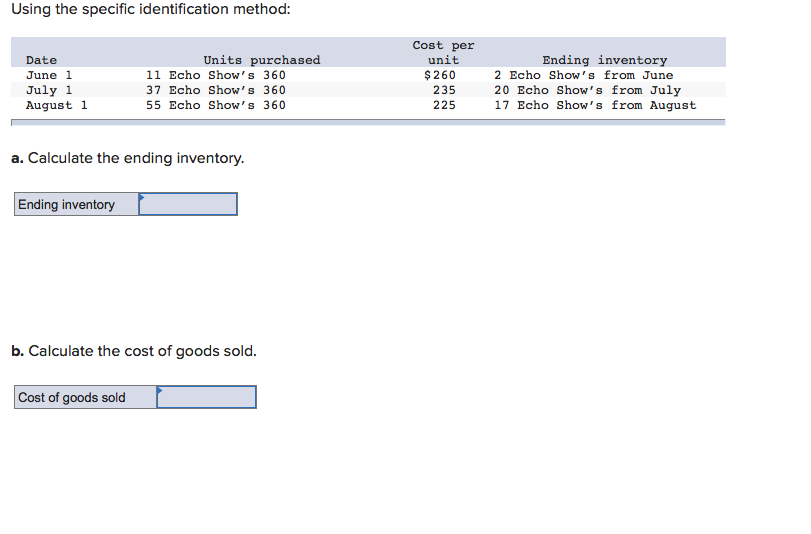  Using the specific identification method: Date June 1 July 1 August