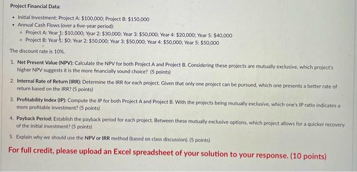  You are a financial analyst considering two mutually exclusive projects for