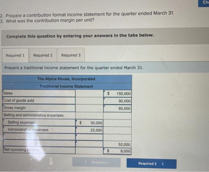 31 . Prepare a contribution format income statement for the quarter ended