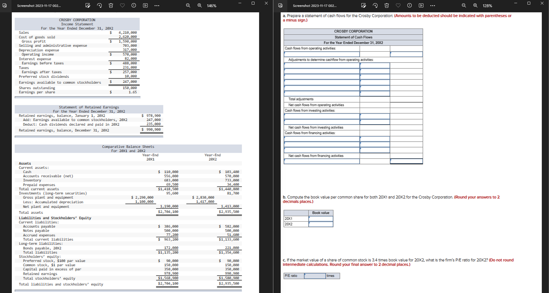  a. Prepare a statement of cash flows for the Crosby Corporation: