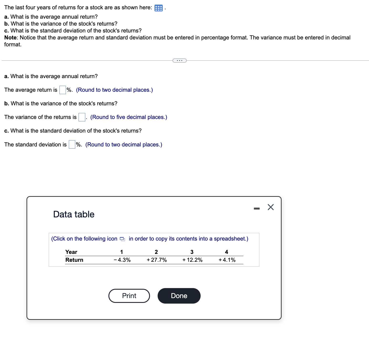  a. What is the average annual return? b. What is the