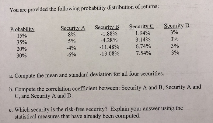  Without using excel. You are provided the following probability distribution of