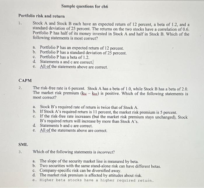please show work Portfolio risk and return 1. Stock A and Stock