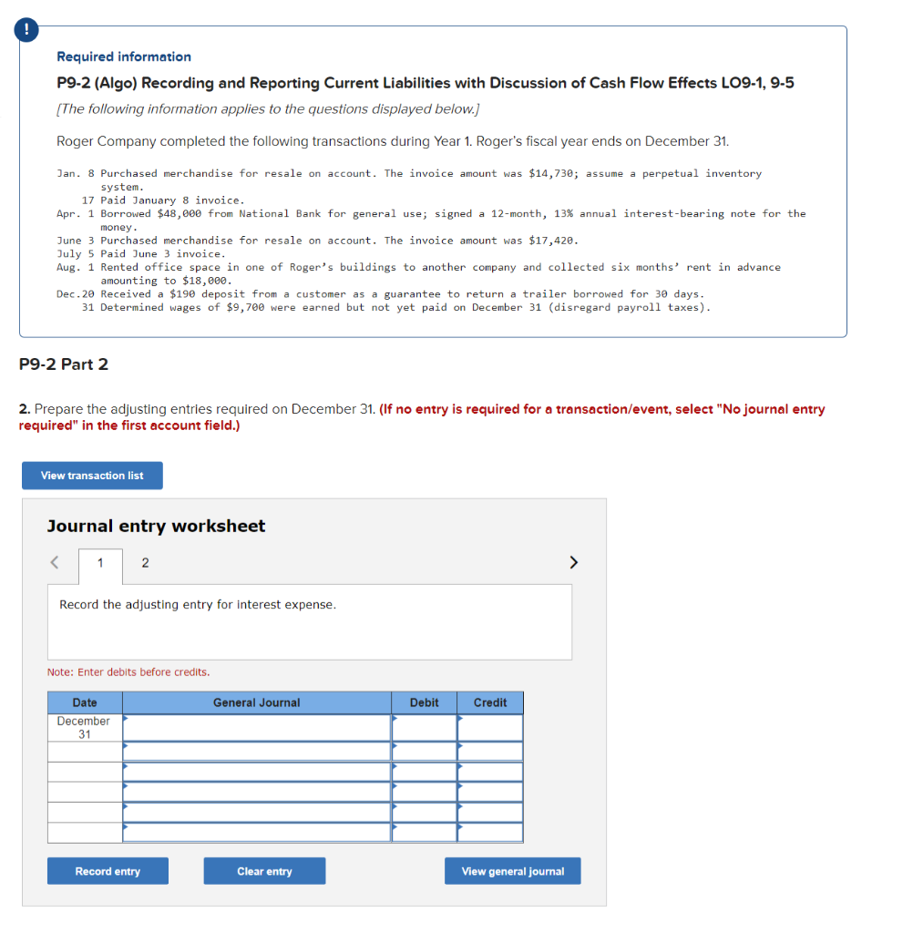 Required information P9-2 (Algo) Recording and Reporting Current Liabilities with Discussion