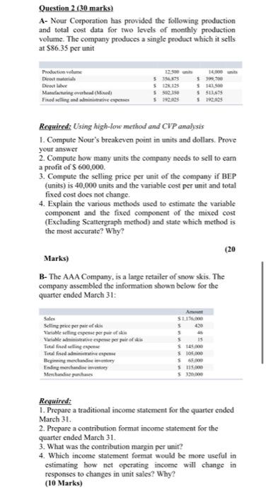  Question 2 (30 marks) A- Nour Corporation has provided the following