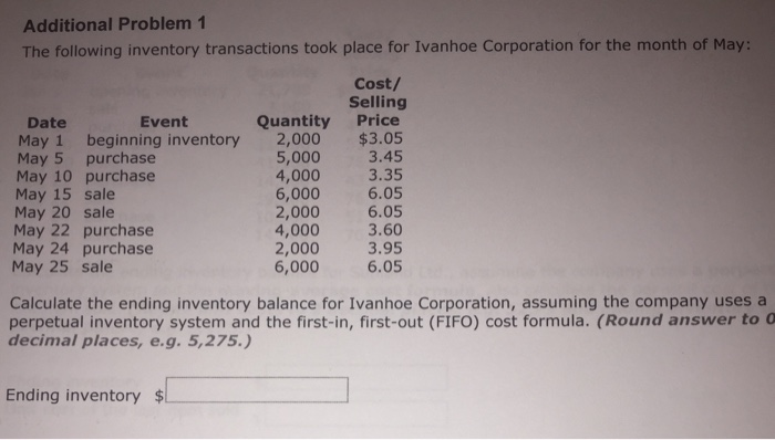 Additional Problem 1 The following inventory transactions took place for Ivanhoe