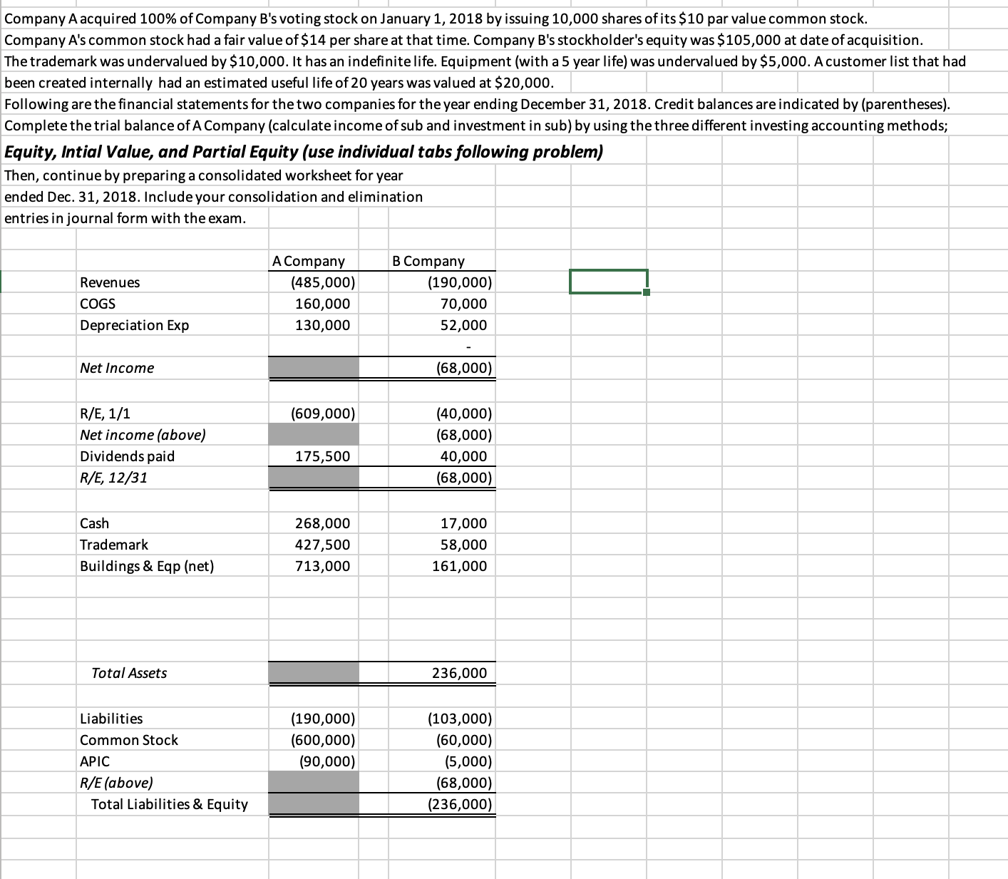  In excel with 3 new tabs for equity, initial value, and