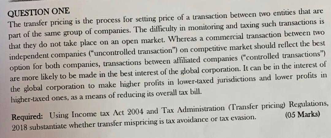  QUESTION ONE The transfer pricing is the process for setting price