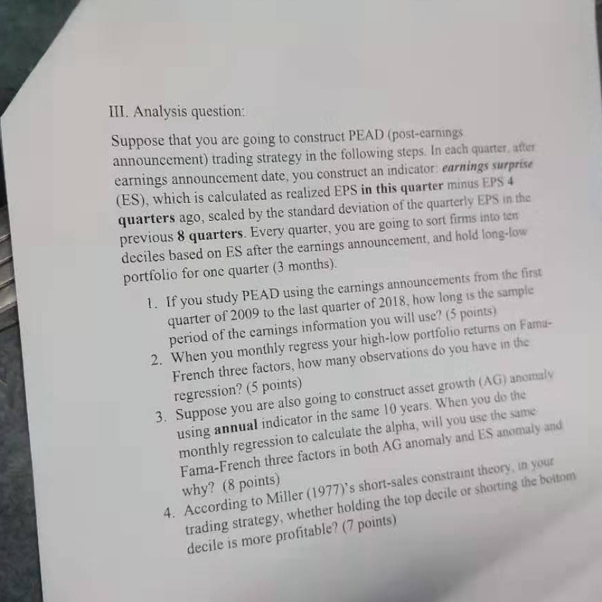  III. Analysis question: Suppose that you are going to construct PEAD