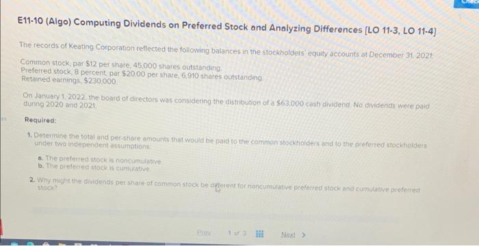  E11-10 (Algo) Computing Dividends on Preferred Stock and Analyzing Differences [LO