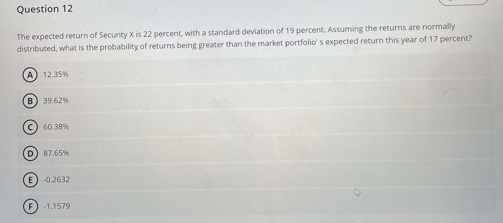  Question 12 The expected return of Security x is 22 percent,