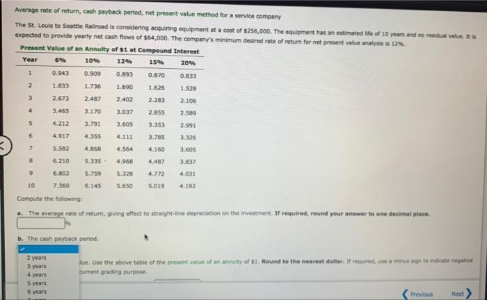  Average rate of return, cash payback period, net present value method