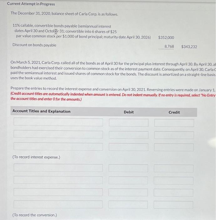  Current Attempt in Progress The December 31, 2020, balance sheet of