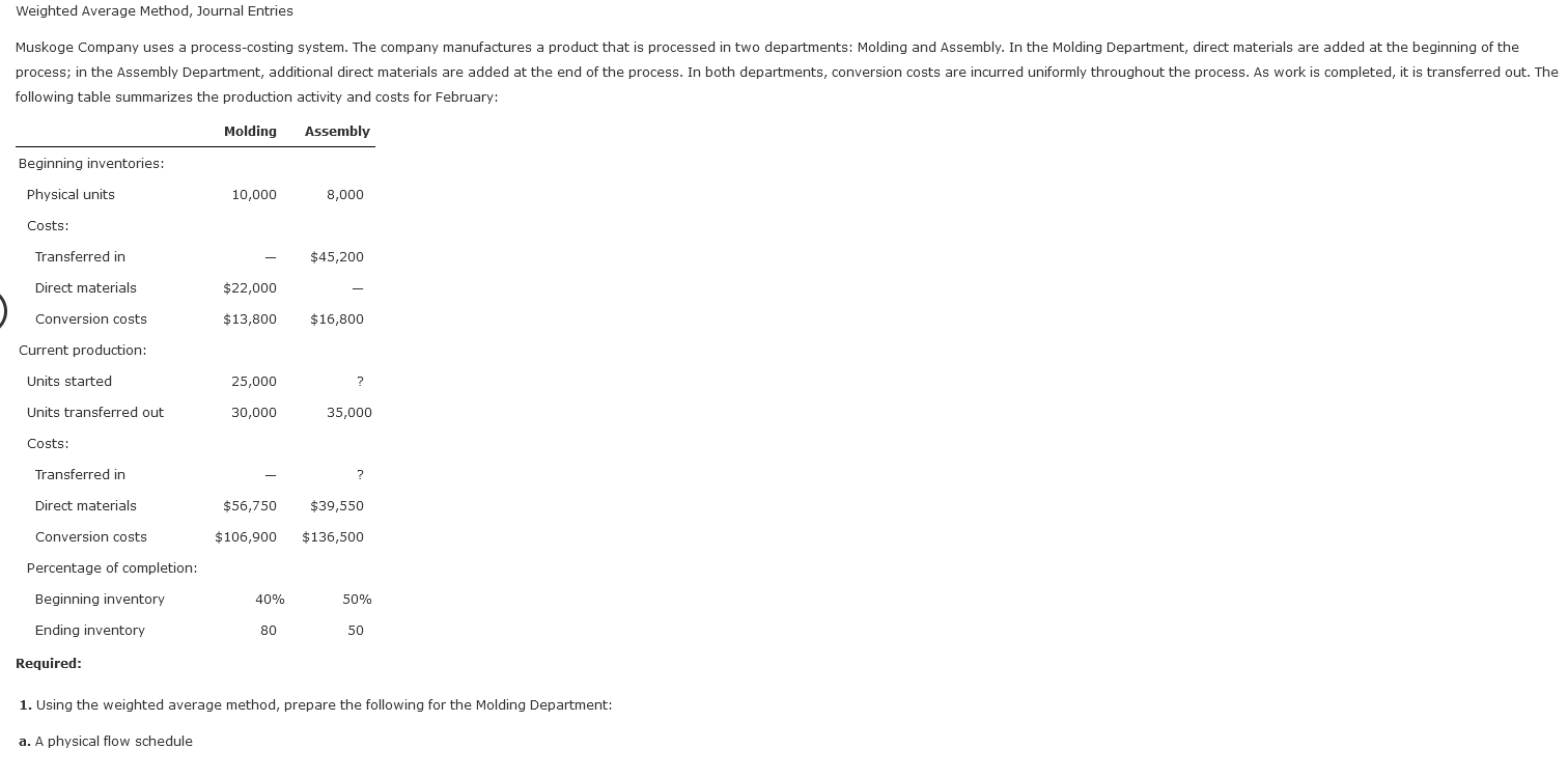 Molding Department, Physical flow schedule: b. An equivalent units calculation c.