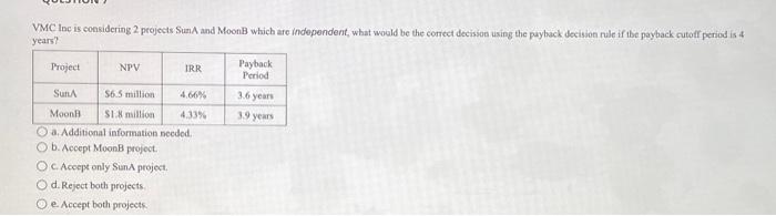  VMC loc is considering 2 projects SunA and MoonB which are