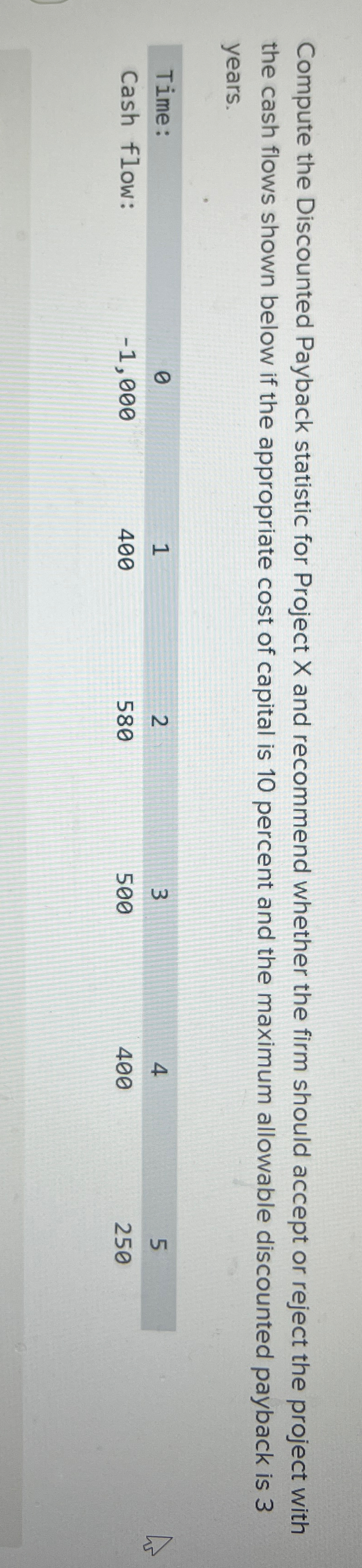  Compute the Discounted Payback statistic for Project x and recommend whether