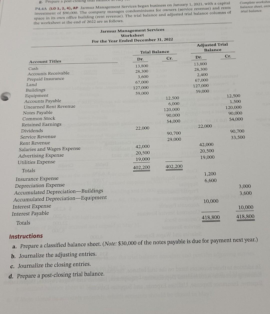 g. Prepare a post-closing that P4.4A (LO 1, 2, 4), AP