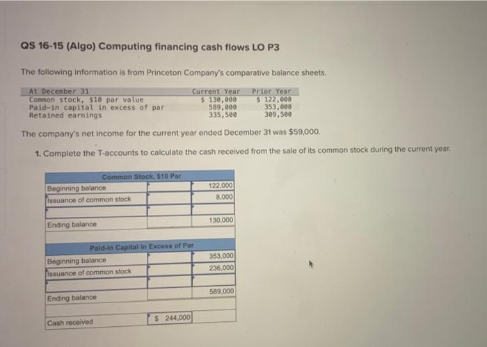  QS 16-15 (Algo) Computing financing cash flows LO P3 The following