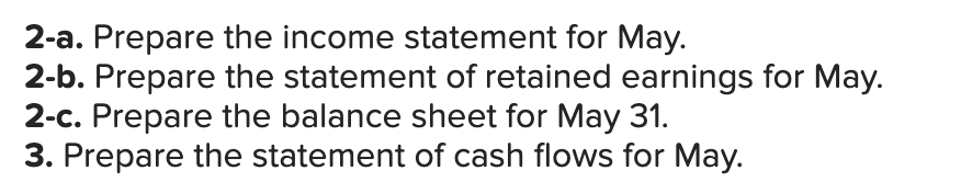 2-a. Prepare the income statement for May. 2-b. Prepare the statement