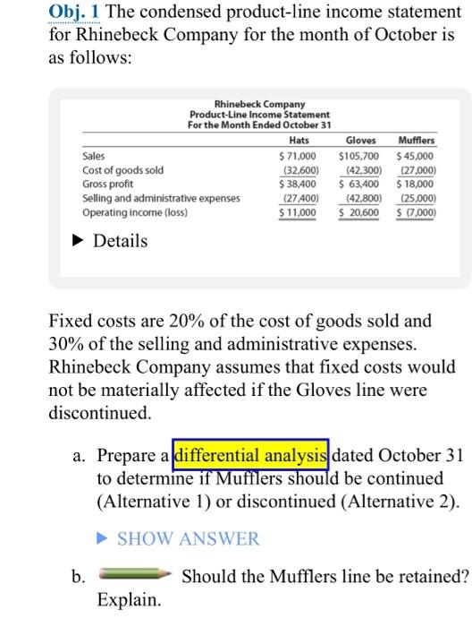 please complete excel portion Obj. 1 The condensed product-line income statement for