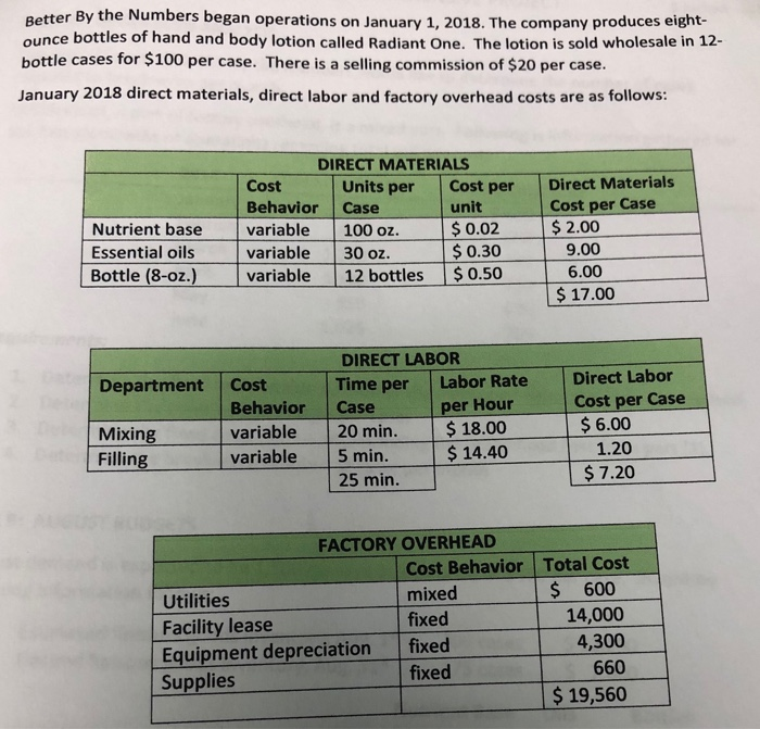 direct materials, direct labor and factory overhead costs are as follows: DIRECT