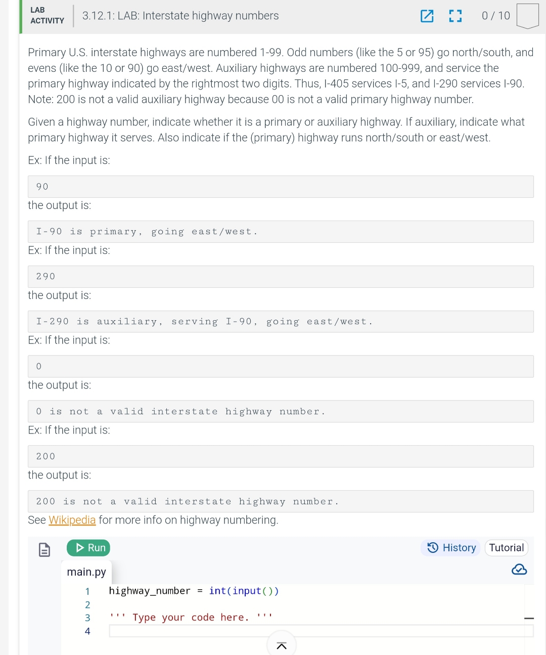  LAB ACTIVITY 3.12.1: LAB: Interstate highway numbers r7 010 Primary U.S.