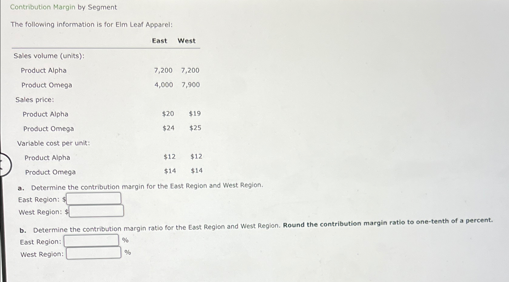  Contribution Margin by Segment The following information is for Elm Leaf