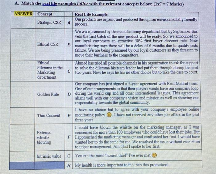  A. Match the real life examples lefter with the relevant concents