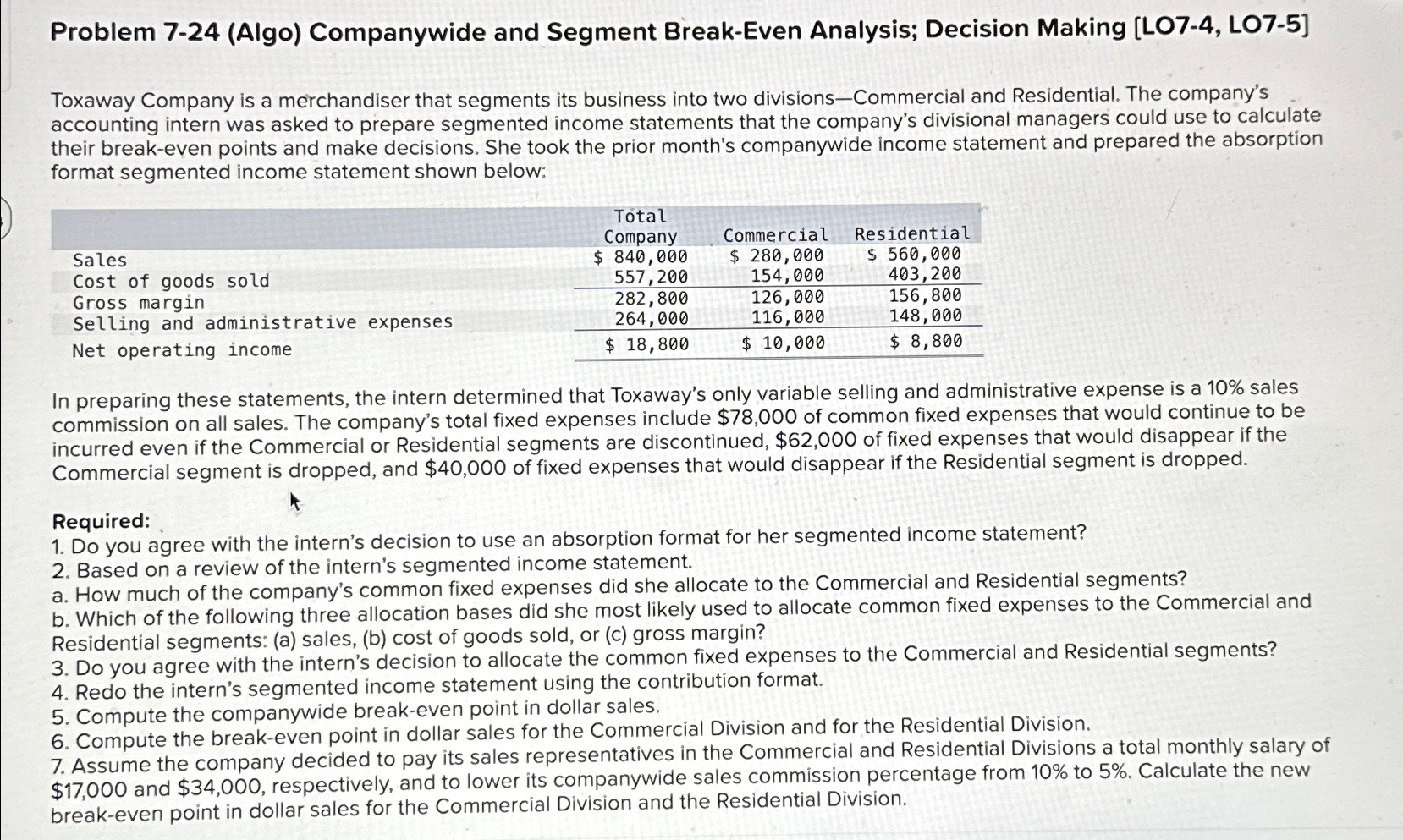  Problem 7-24(Algo) Companywide and Segment Break-Even Analysis; Decision Making [LO7-4, LO7-5]