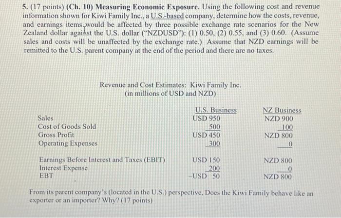  5. (17 points) (Ch. 10) Measuring Economic Exposure. Using the following