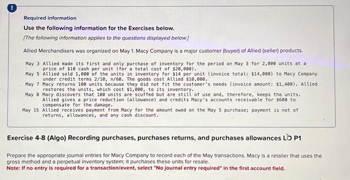 problem 4 Required information Use the following information for the Exercises below.