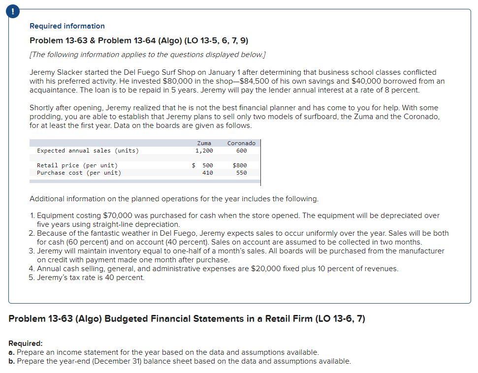  Required information Problem 13-63 & Problem 13-64 (Algo) (LO 13-5, 6,