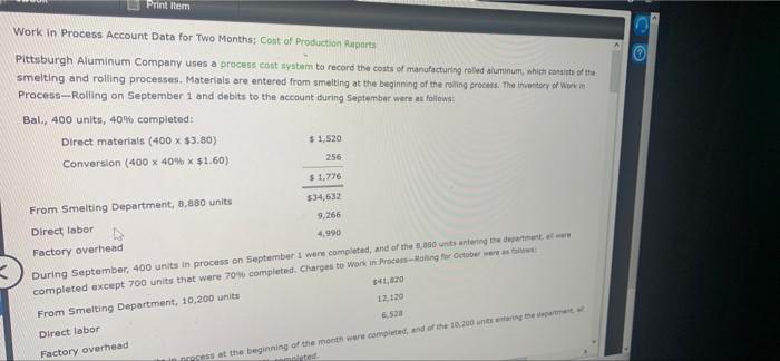  Print item Work in Process Account Data for Two Months; Cost