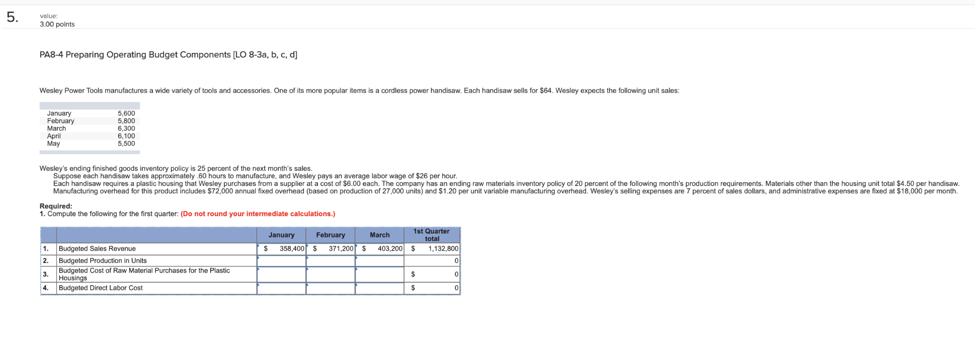 5. value: 3.00 points PA8-4 Preparing Operating Budget Components [LO 8-3a,
